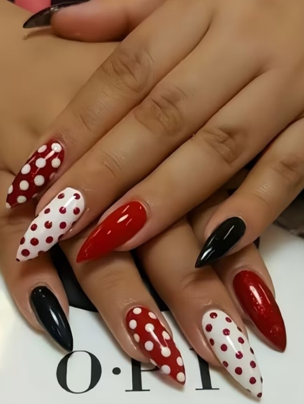 Red, White & Black Polka Dot Stiletto Press-On Nails